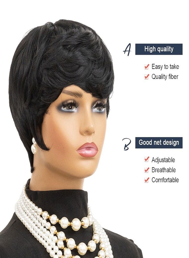 MOONSHOW Short Wigs for Black Women Pixie Cut Wig Black Short Hair Pixie Wigs for Black Women Straight Bowl Cut Wig Black Pixie Wigs With Bangs Short Curly Wigs - Image 3
